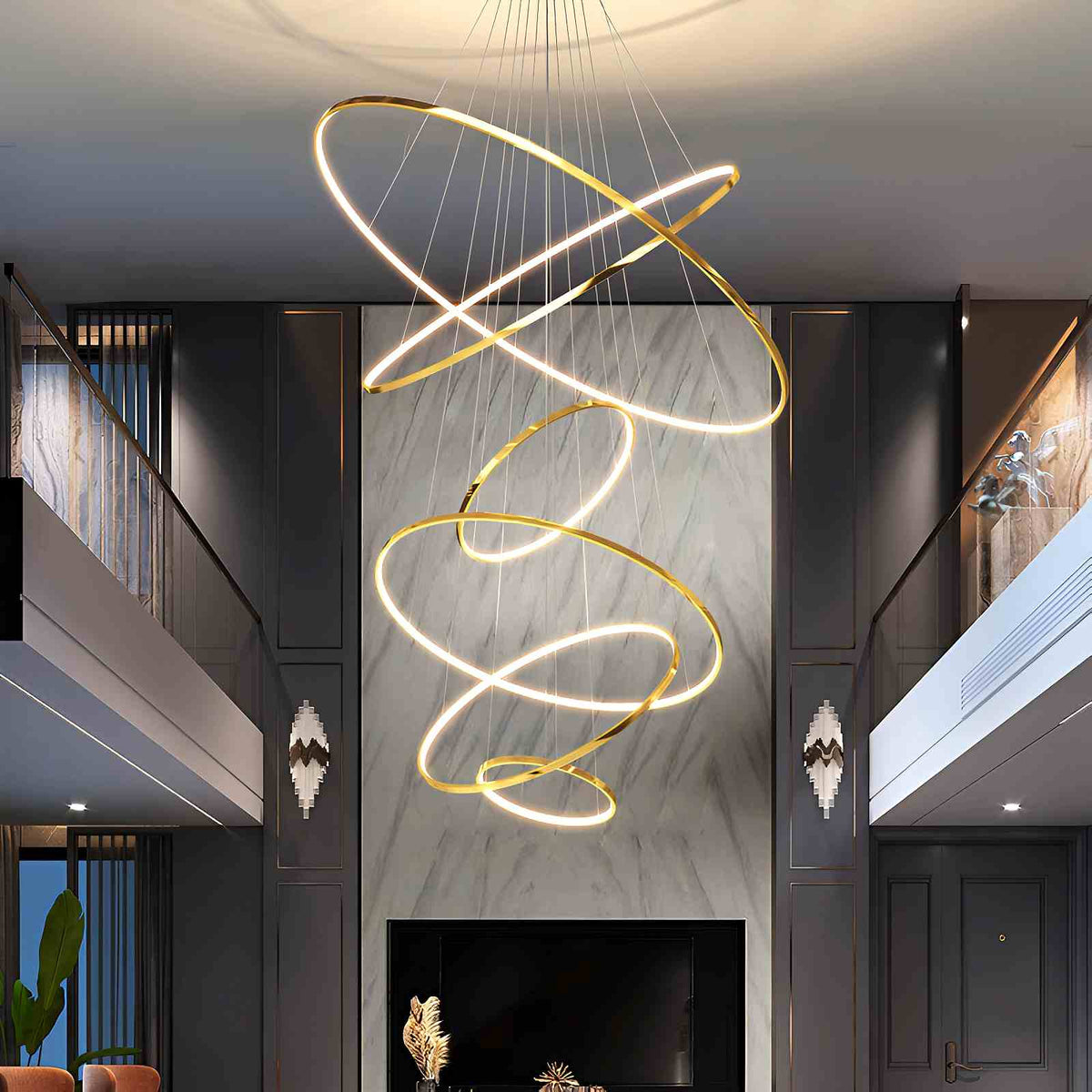 nuvlight Large Tiered Ring Foyer Chandelier Golden 6 Rings Warm White