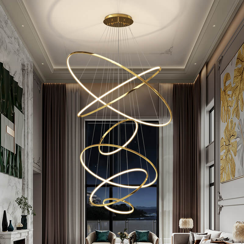 nuvlight Large Tiered Ring Foyer Chandelier Golden 6 Rings Dimmable With Remote