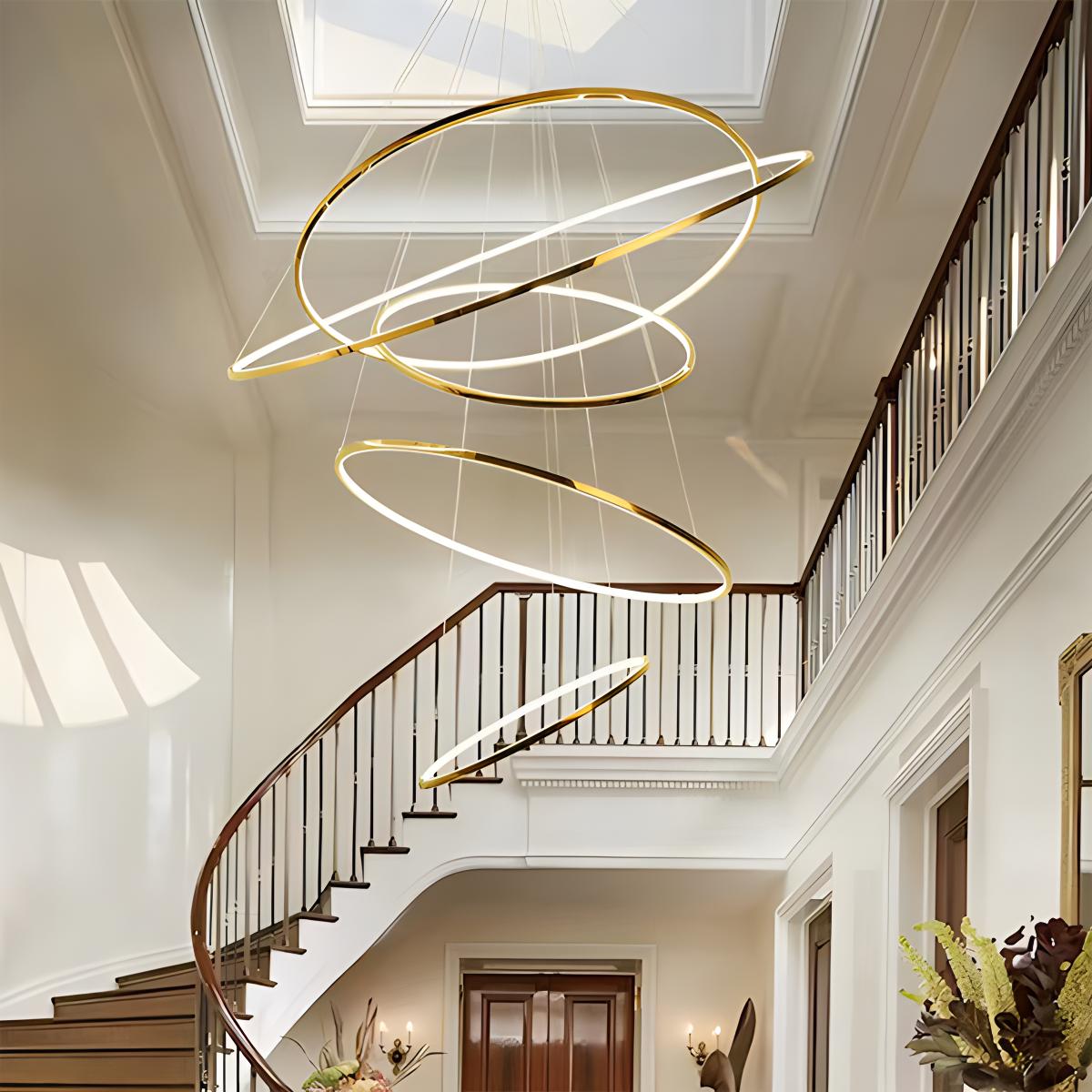 nuvlight Large Tiered Ring Foyer Chandelier Golden 5 Rings Warm White