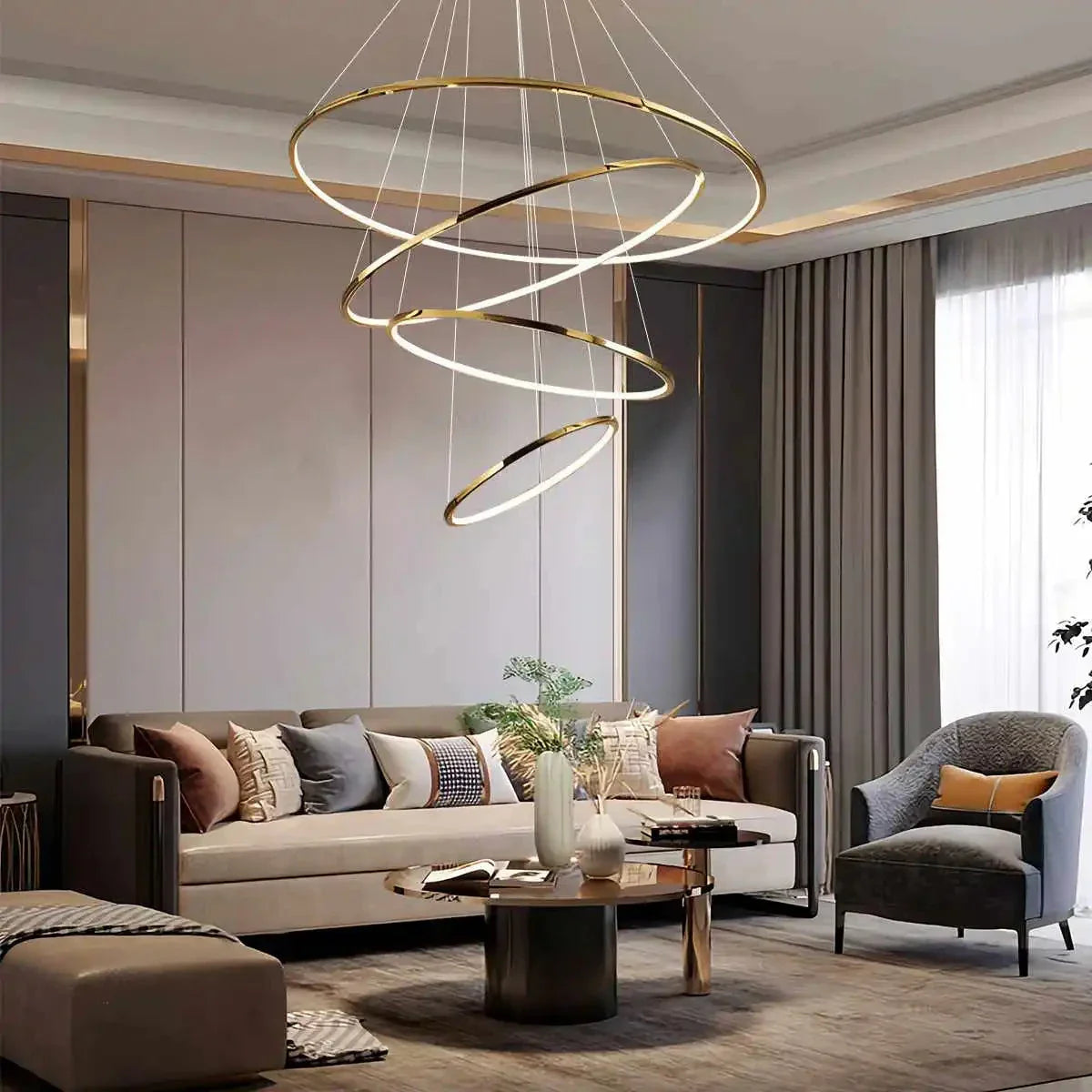 nuvlight Large Tiered Ring Foyer Chandelier Golden 4 Rings Dimmable With Remote