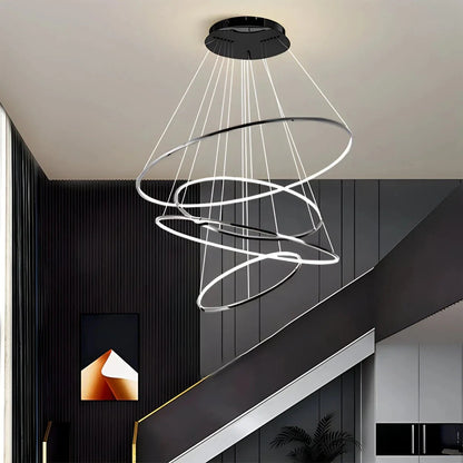 Nuvlight Large Tiered Ring Foyer Chandelier Black 4 Rings Dimmable With Remote