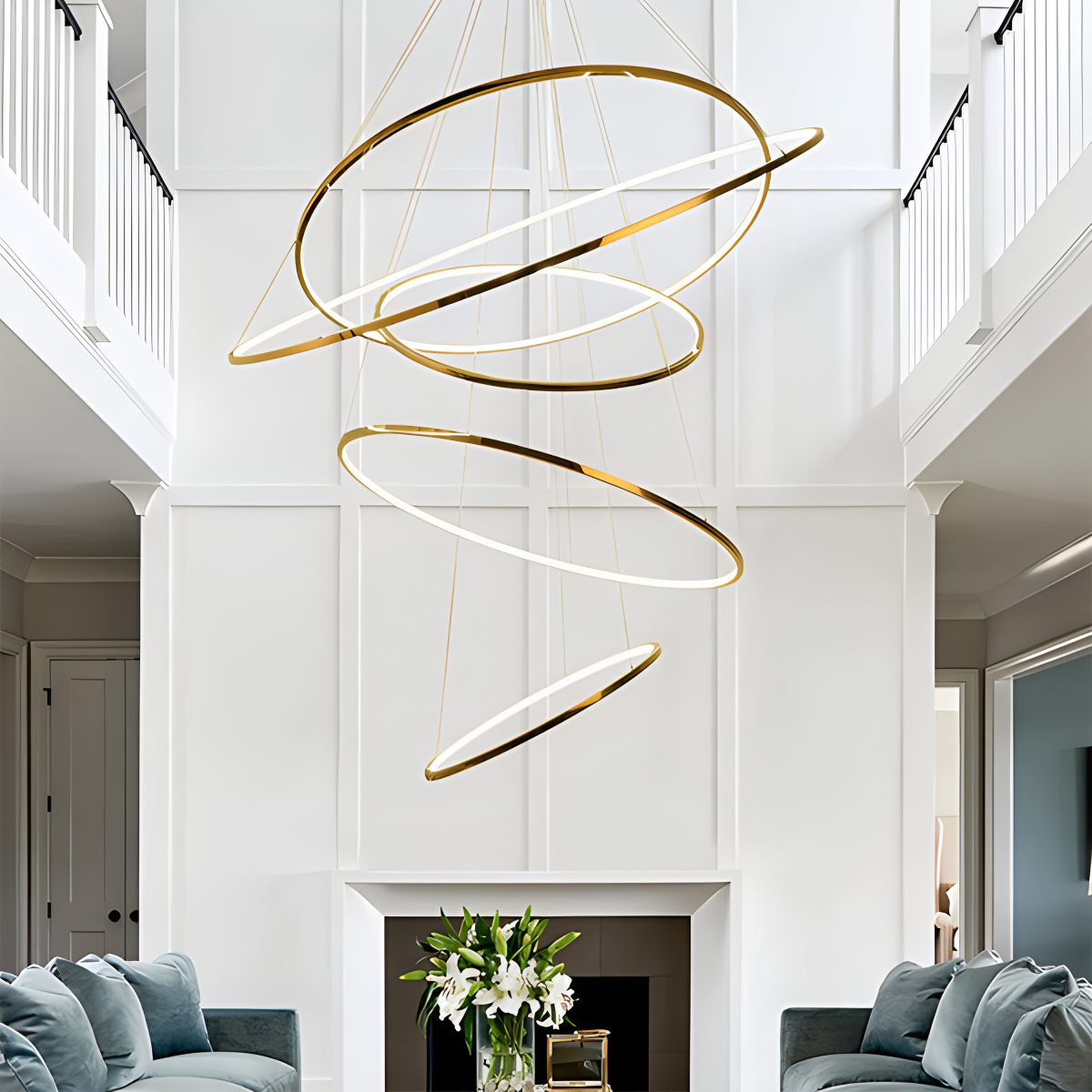 nuvlight Large Tiered Ring Foyer Chandelier Golden 5 Rings Dimmable With Remote