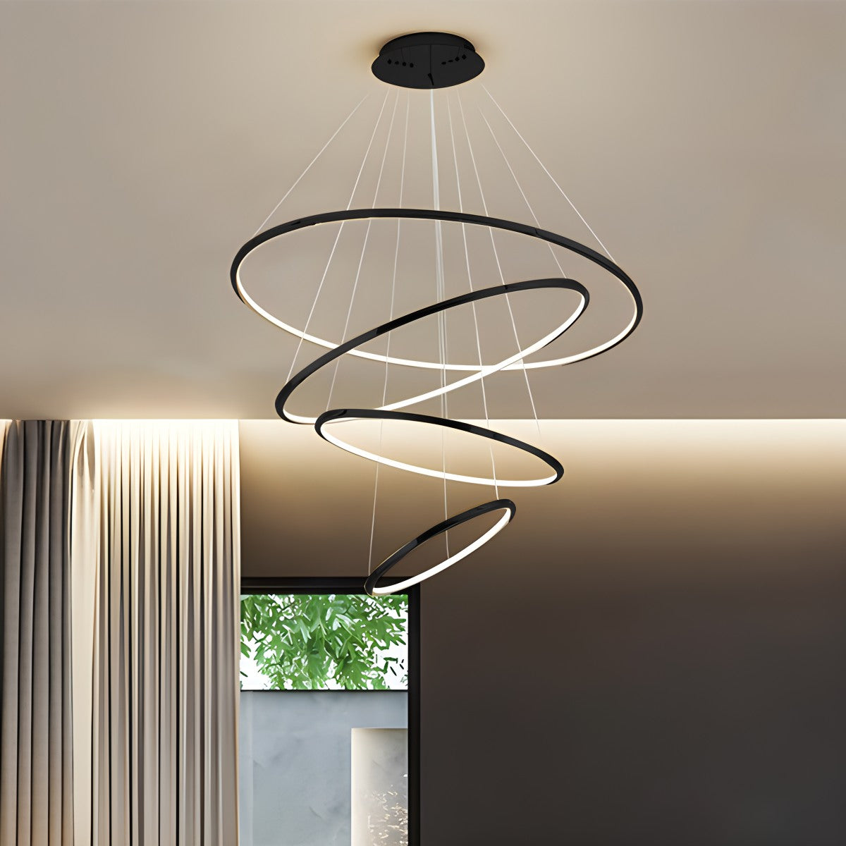 Nuvlight Large Tiered Ring Foyer Chandelier Black 4 Rings Warm White