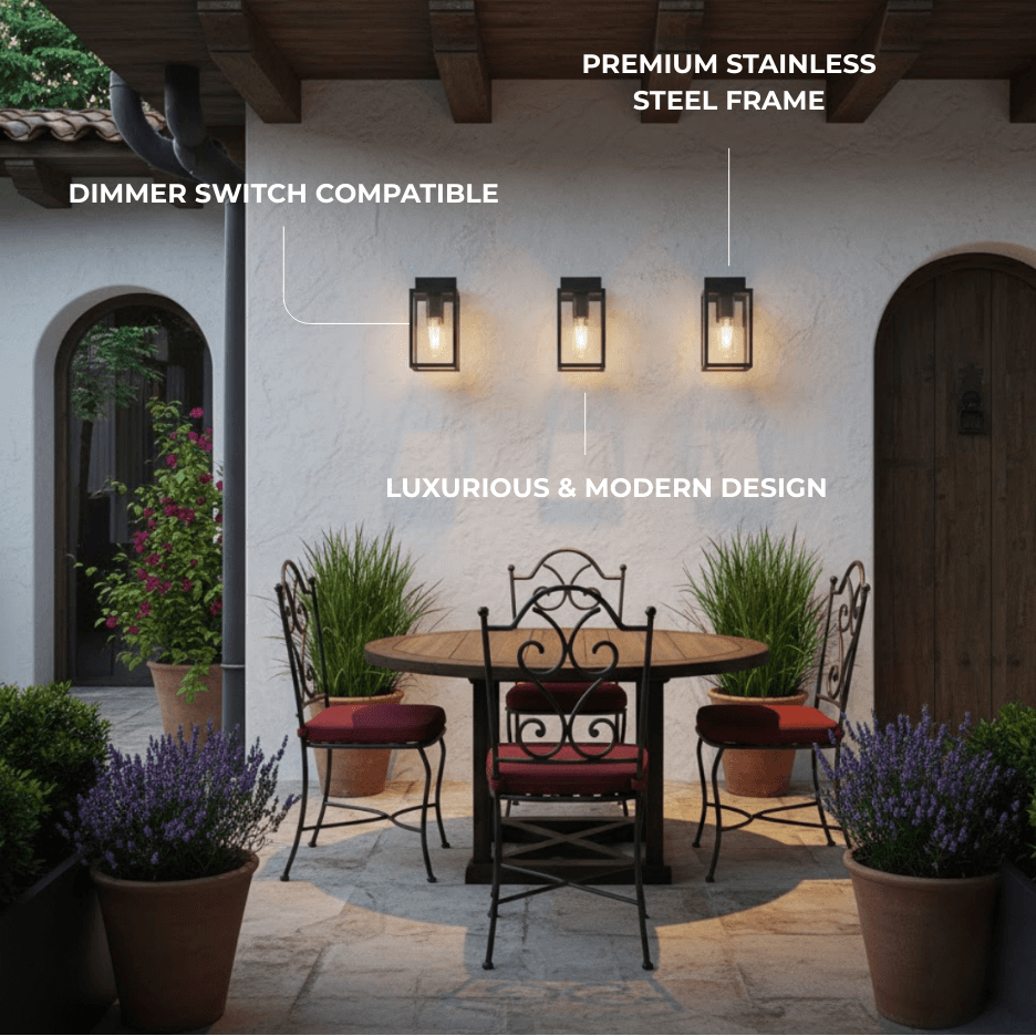 Arcato Modern Outdoor Wall Sconce – Black Stainless Steel with Clear Glass for Porch/Patio