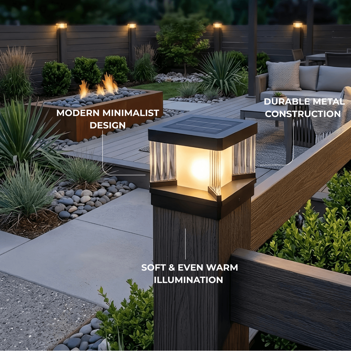 Arcato Modern Outdoor Solar Pillar/Pathway Lights - Black Metal/Acrylic Rectangular