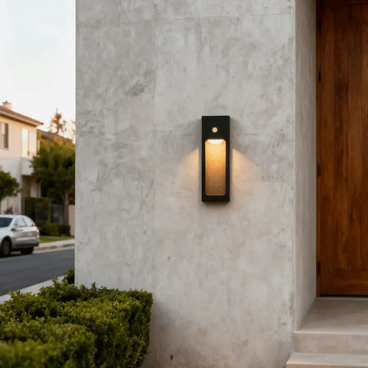 Irondale Modern Outdoor Wall Sconce – Metal Lantern with Sensor for Exterior Wall