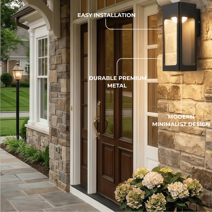 Irondale Modern Outdoor Wall Sconce – Metal Lantern with Sensor for Exterior Wall