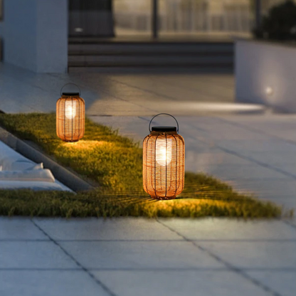 Bamburo Farmhouse Floor Lamp -Metal/Rattan Lantern in Natural Wood Color Garden