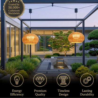 Bamburo Rustic Brown Outdoor Pendant Light - Bamboo Acrylic Lantern Garden