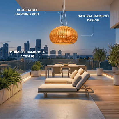 Bamburo Rustic Brown Outdoor Pendant Light - Bamboo Acrylic Lantern Garden