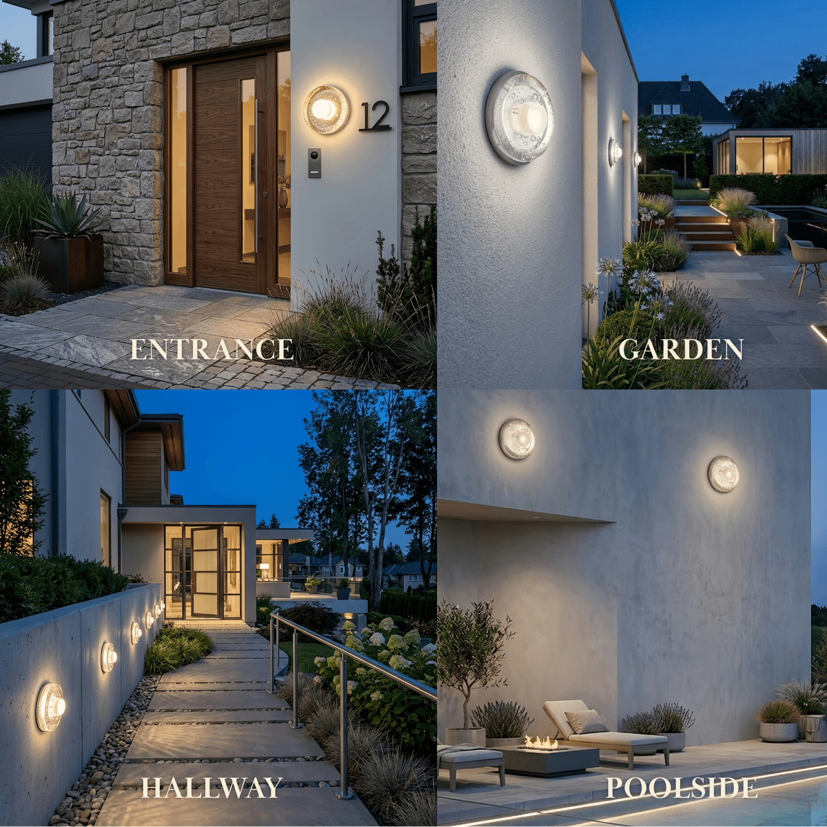 Embrace Modern Outdoor Wall Lamp - Clear Glass & Metal Round Design for Garden