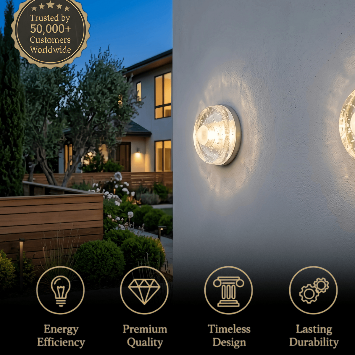 Embrace Modern Outdoor Wall Lamp - Clear Glass & Metal Round Design for Garden
