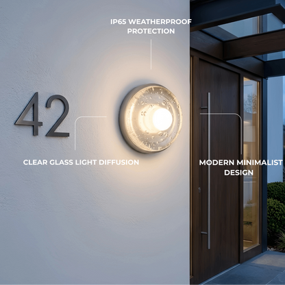 Embrace Modern Outdoor Wall Lamp - Clear Glass & Metal Round Design for Garden