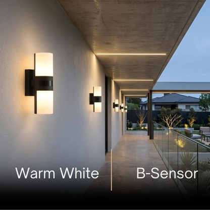 Irondale Modern Sensor Outdoor Wall Sconce - Black Metal & Acrylic Cylinder Garden