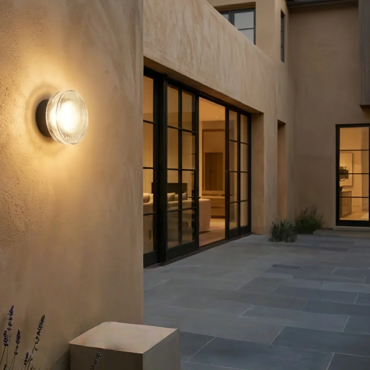 Embrace Modern Outdoor Wall Lamp - Clear Glass & Metal Round Design for Patio