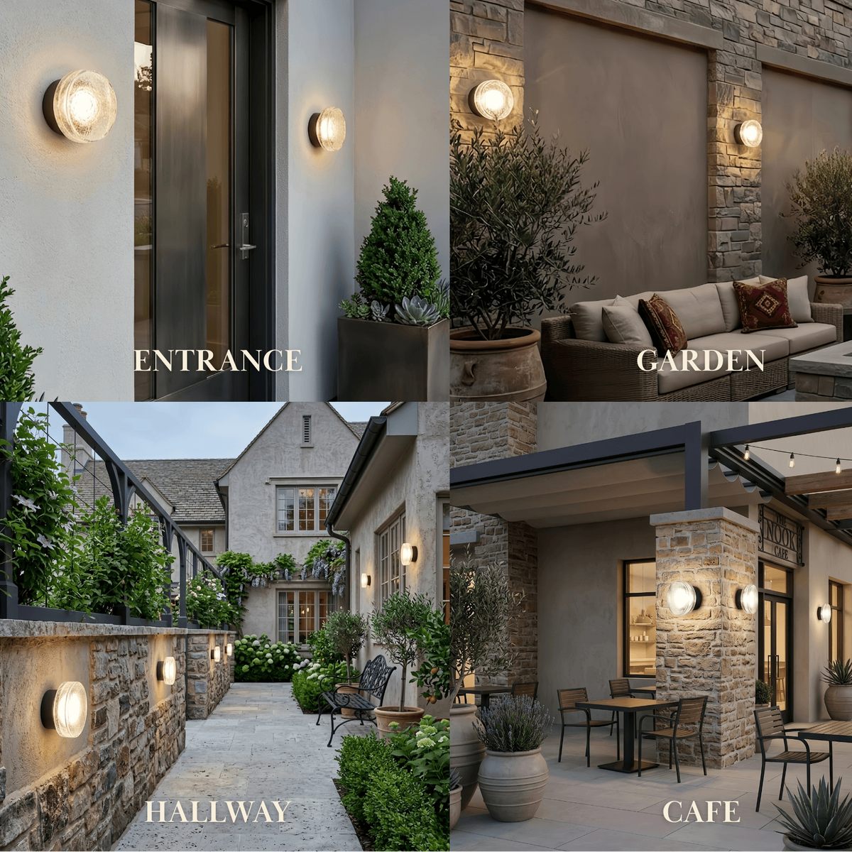 Embrace Modern Outdoor Wall Lamp - Clear Glass & Metal Round Design for Patio