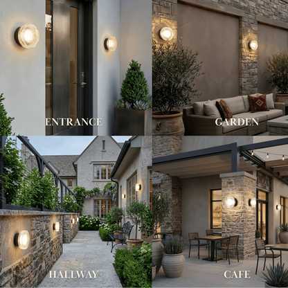Embrace Modern Outdoor Wall Lamp - Clear Glass & Metal Round Design for Patio