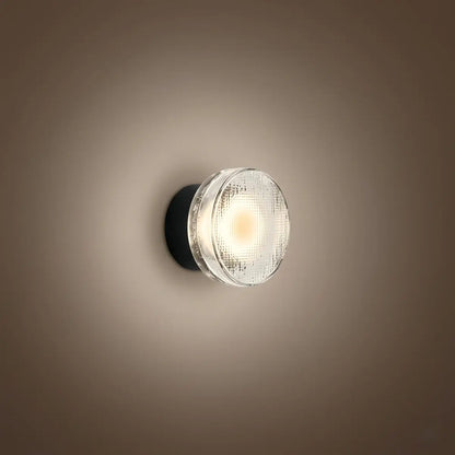 Embrace Modern Outdoor Wall Lamp - Clear Glass & Metal Round Design for Patio