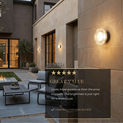 Embrace Modern Outdoor Wall Lamp - Clear Glass & Metal Round Design for Patio