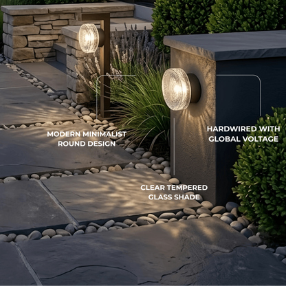 Embrace Modern Outdoor Wall Lamp - Clear Glass & Metal Round Design for Patio