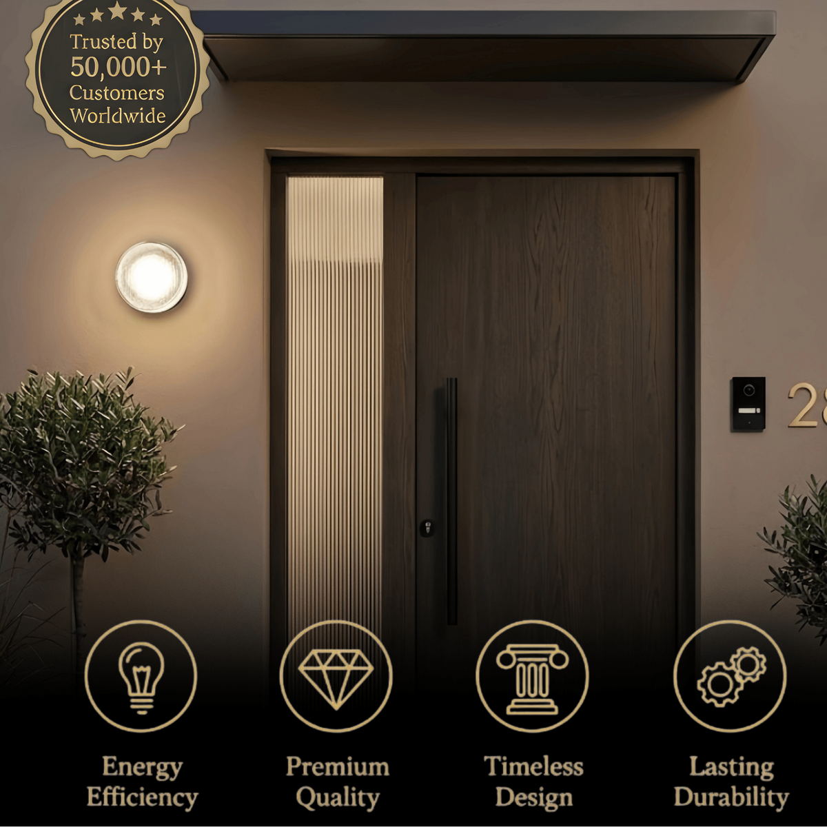 Embrace Modern Outdoor Wall Lamp - Clear Glass & Metal Round Design for Patio
