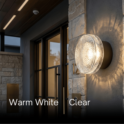 Embrace Modern Outdoor Wall Lamp - Clear Glass & Metal Round Design for Patio