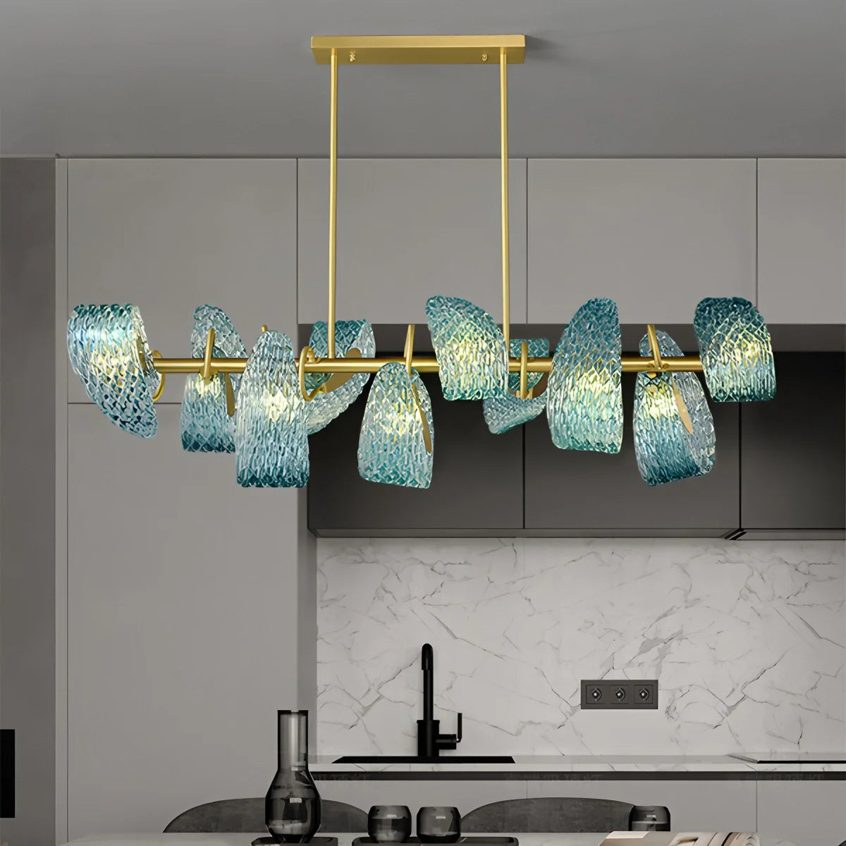 Blue Rippled Glass Chandelier for Dining Room