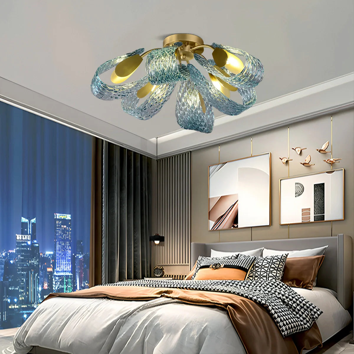 Blue Rippled Glass Chandelier for Dining Room