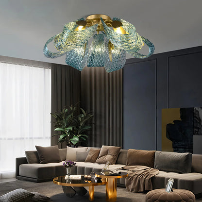 Blue Rippled Glass Chandelier for Dining Room