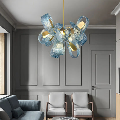 Blue Rippled Glass Chandelier for Dining Room