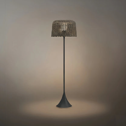Nuvlight Vintage Rattan Solar Outdoor Floor Lamp – Black Metal Hooded Terrace