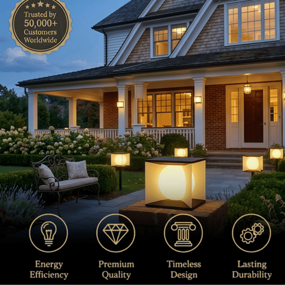 Lunara Art Deco Solar Outdoor Pillar Light - Black Metal Square Moon for Courtyard/Garden
