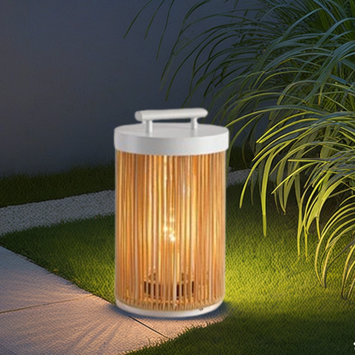 Zenno Farmhouse Cylindrical Floor Lamp – Metal Rattan for Outdoor Garden