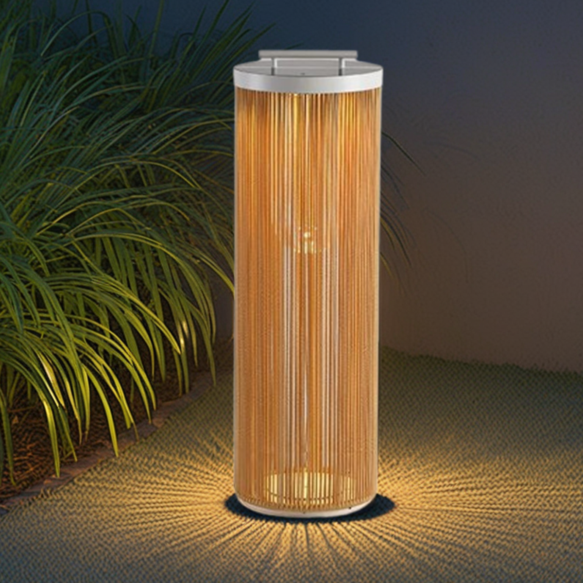 Zenno Farmhouse Cylindrical Floor Lamp – Metal Rattan for Outdoor Garden