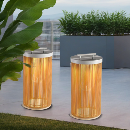 Zenno Farmhouse Cylindrical Floor Lamp – Metal Rattan for Outdoor Garden