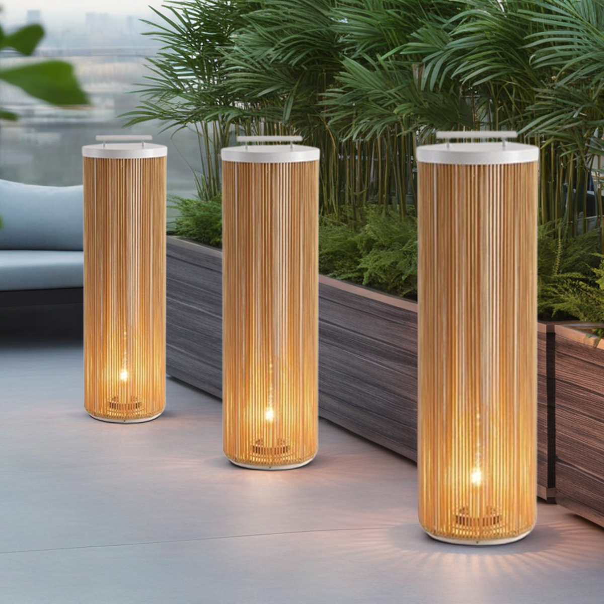 Zenno Farmhouse Cylindrical Floor Lamp – Metal Rattan for Outdoor Garden