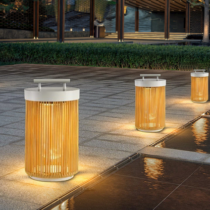 Zenno Farmhouse Cylindrical Floor Lamp – Metal Rattan for Outdoor Garden
