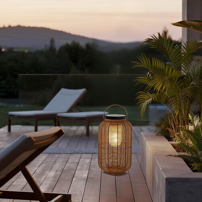 Bamburo Farmhouse Floor Lamp -Metal/Rattan Lantern in Natural Wood Color Garden