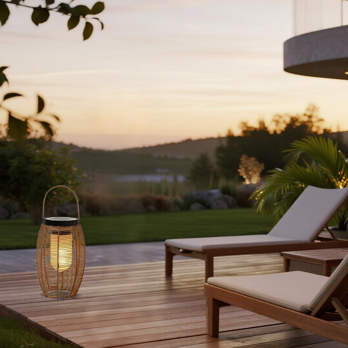 Bamburo Farmhouse Floor Lamp -Metal/Rattan Lantern in Natural Wood Color Garden