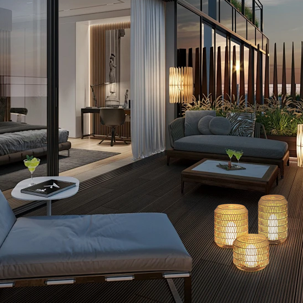 Zenno Farmhouse Outdoor Lamp - Wood & Metal Rattan Lantern