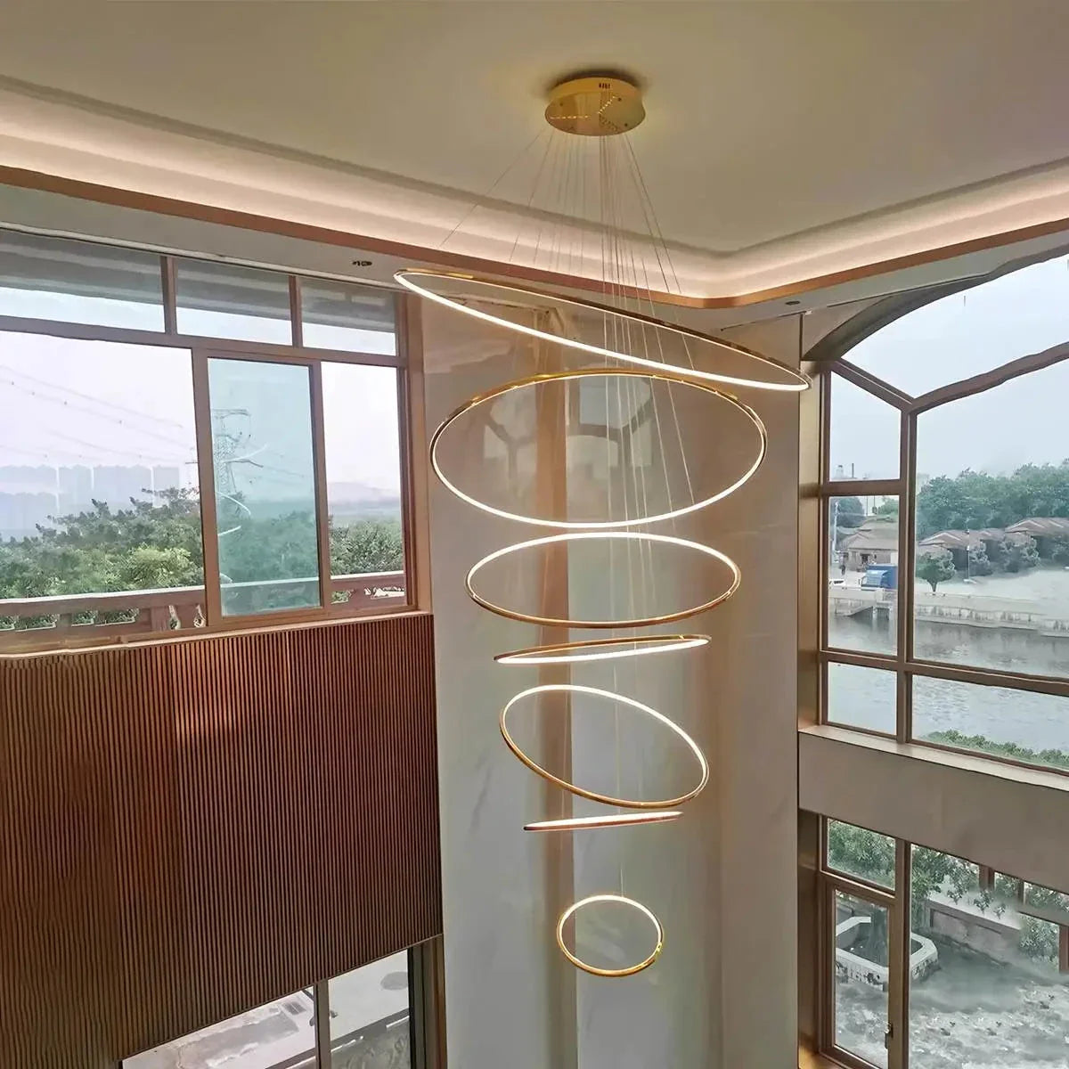 Nuvlight Large Tiered Ring Foyer Chandelier Golden 7 Rings Warm White