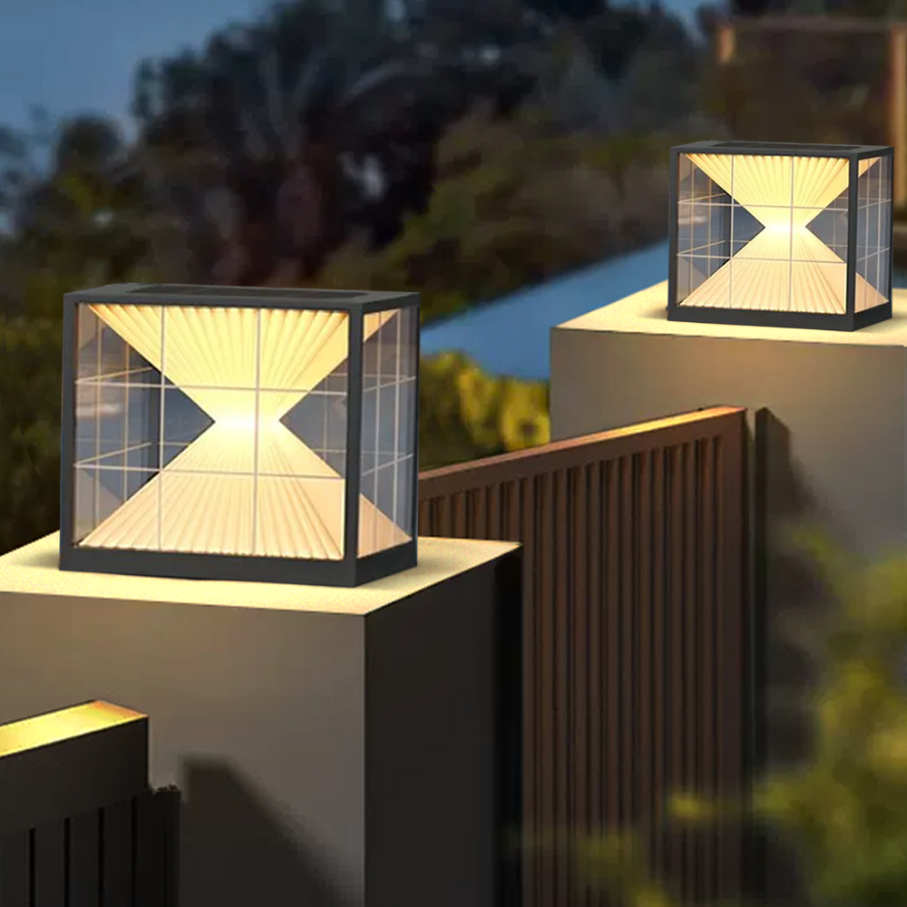 Arcato Modern Metal Solar Outdoor Pillar Lights - Black Pyramid Design Courtyard