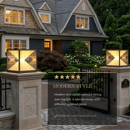 Arcato Modern Metal Solar Outdoor Pillar Lights - Black Pyramid Design Courtyard