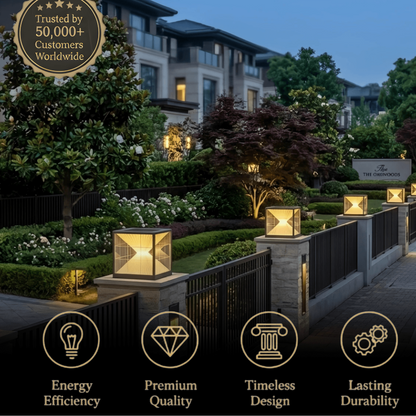 Arcato Modern Metal Solar Outdoor Pillar Lights - Black Pyramid Design Courtyard