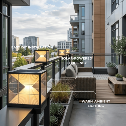 Arcato Modern Metal Solar Outdoor Pillar Lights - Black Pyramid Design Courtyard