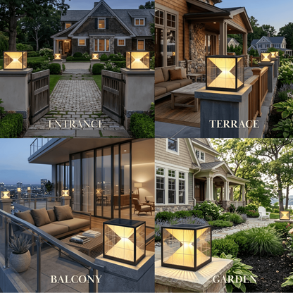 Arcato Modern Metal Solar Outdoor Pillar Lights - Black Pyramid Design Courtyard