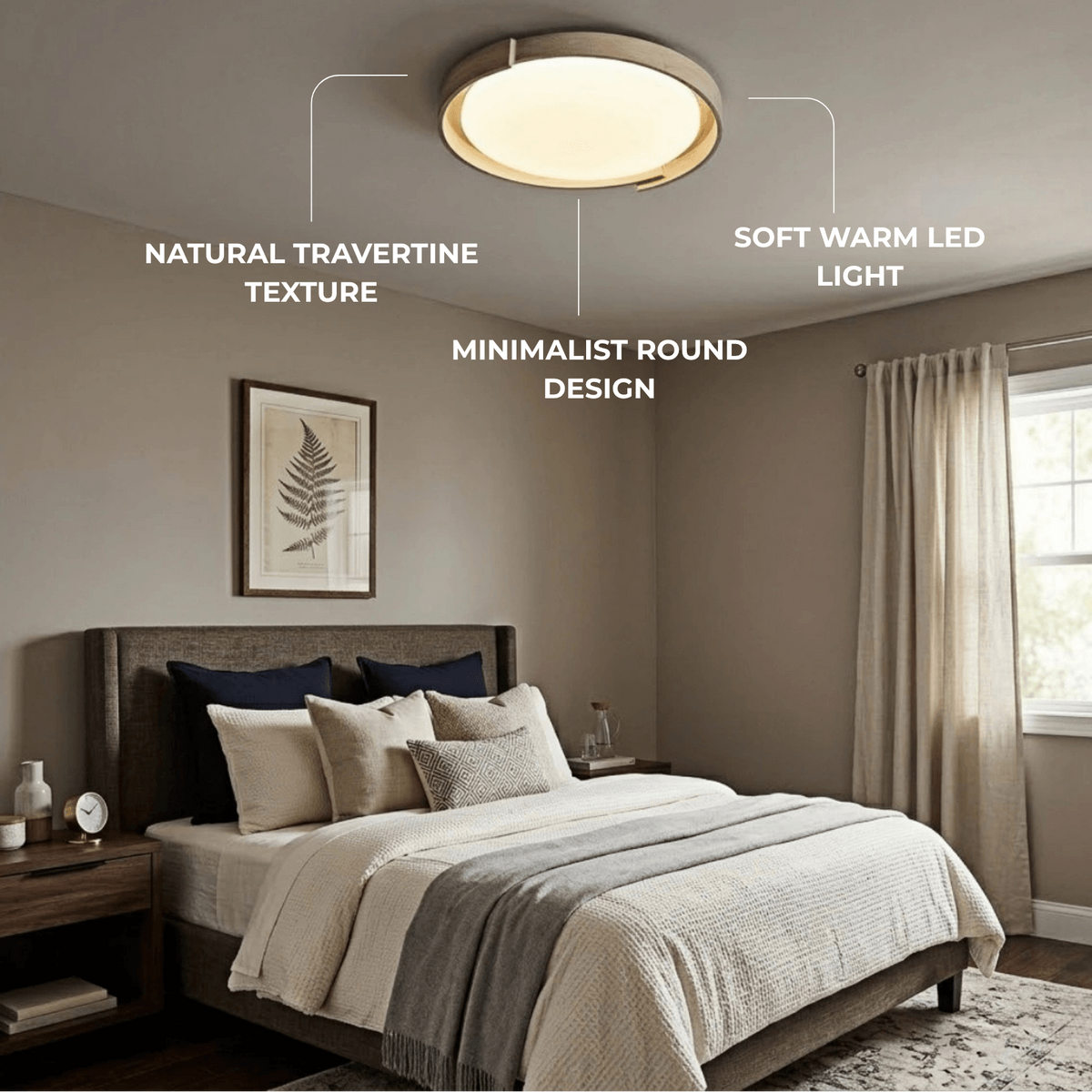 Strata Minimalist Round Travertine Ceiling Light -- Beige or White for Bathroom & Covered Outdoor