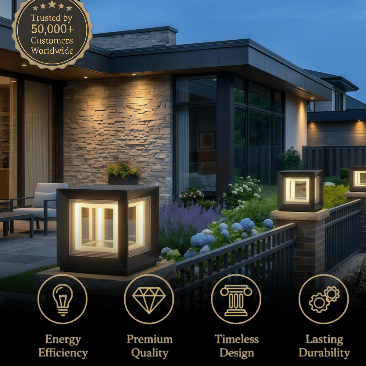 Arcato Modern LED Outdoor Pillar Lights - Black Metal Cube Design