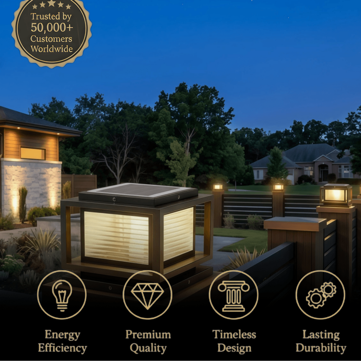 Arcato Modern LED Outdoor Pillar Lights - Black Metal/Glass Solar Rectangular Garden