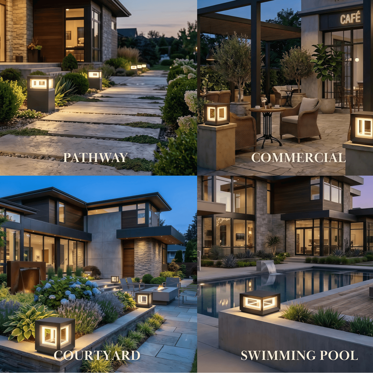 Arcato Modern LED Outdoor Pillar Lights - Black Metal Cube Design